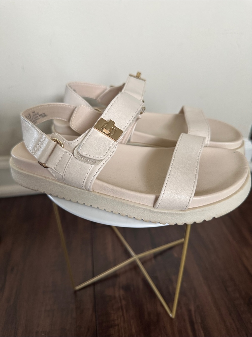 Steve Madden Girls Cream Platform Sandals with Gold Buckle